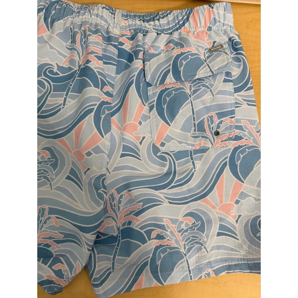 Vintage Summer Mens Blue Pink Tropical Wave Print Swim Trunks XXL 17 Inch Length